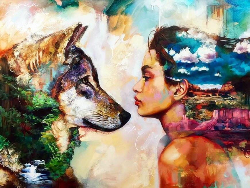 Lobo Abstracto Frente a Mujer con Paisaje Pintar por Números