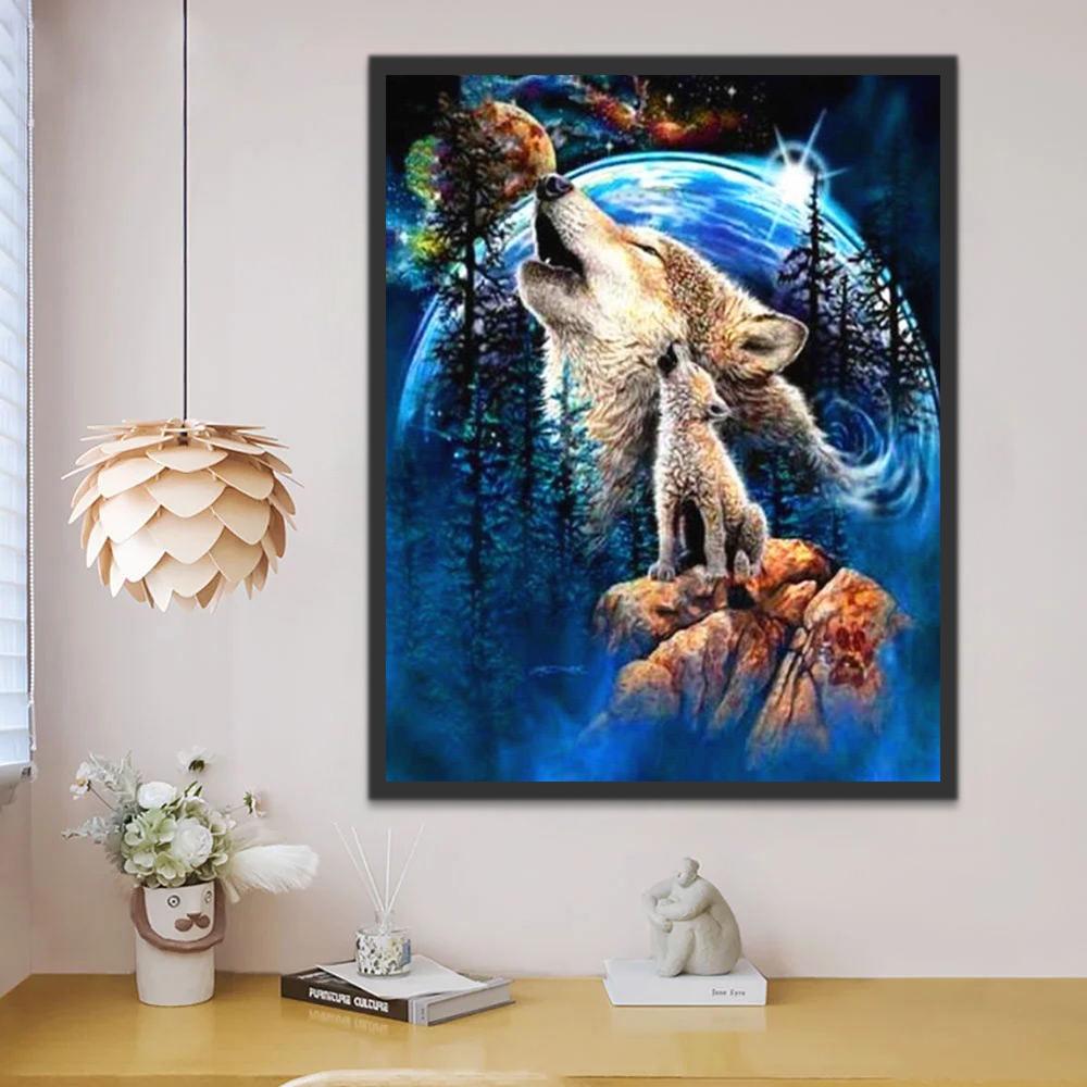 Lobo Bebé y Crecido con Fondo de Universo y Árboles Pintar por Números