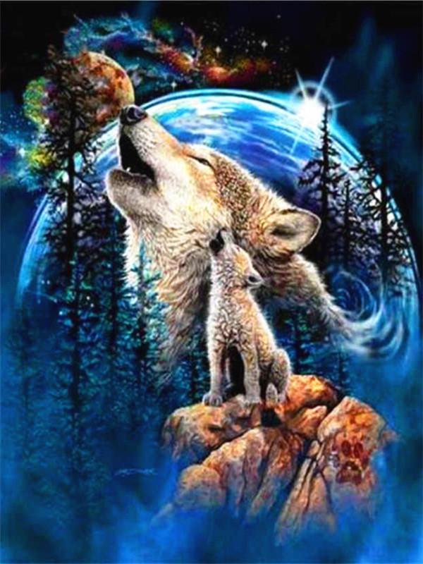 Lobo Bebé y Crecido con Fondo de Universo y Árboles Pintar por Números
