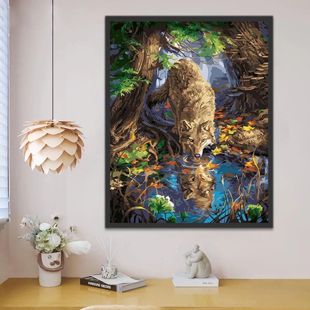 Lobo Bebiendo Agua en Bosque Pintar por Números