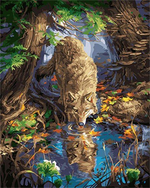 Lobo Bebiendo Agua en Bosque Pintar por Números