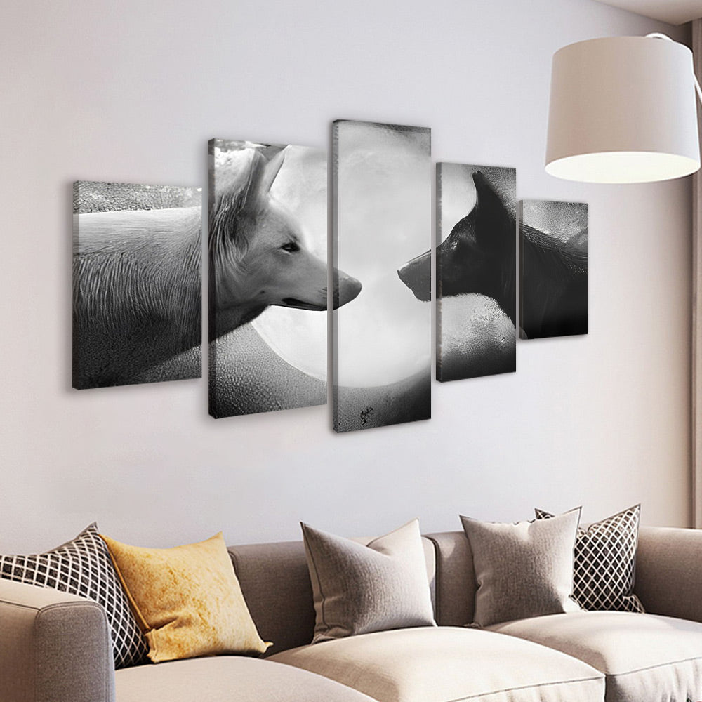 Lobo Blanco con Lobo Negro y la Luna Llena 5 Partes Pintar por Números