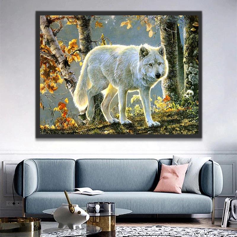 Lobo Blanco en los Árboles de Otoño Pintar por Números