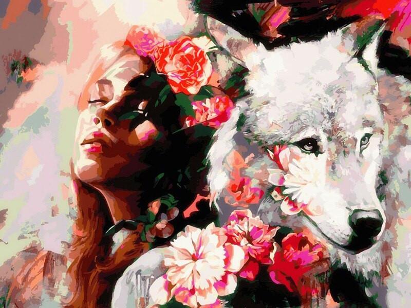 Lobo Blanco y Mujer con Flores Rosadas Pintar por Números