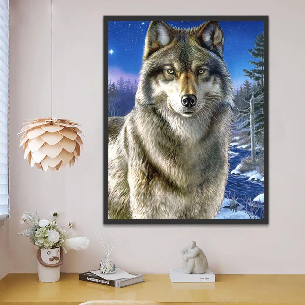 Lobo con Fondo de Bosque y Cielo de Noche Pintar por Números