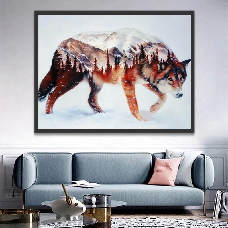 Lobo con Montaña y Bosque de Fondo Pintar por Números