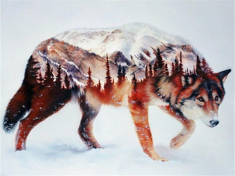 Lobo con Montaña y Bosque de Fondo Pintar por Números