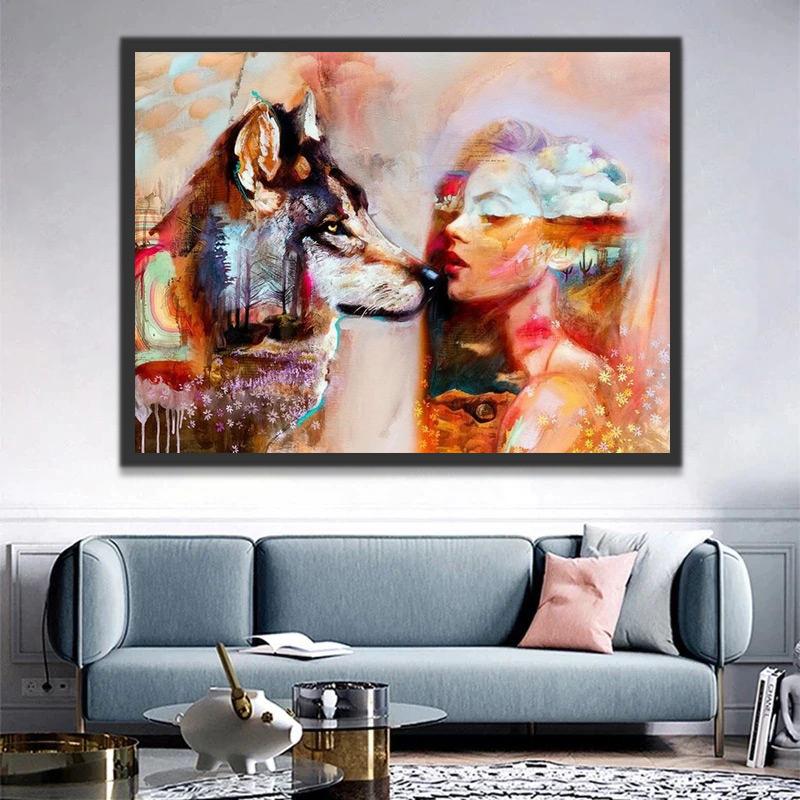 Lobo con Paisaje y Mujer Abstracta Pintar por Números