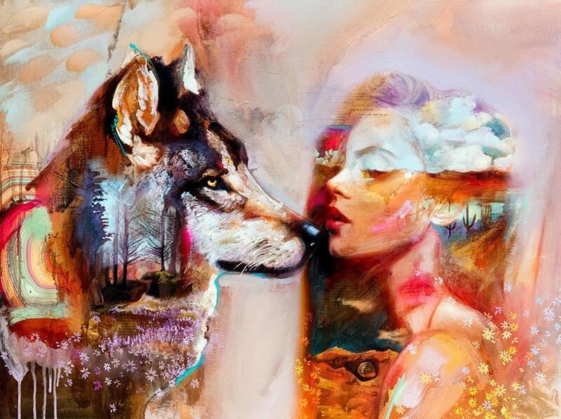 Lobo con Paisaje y Mujer Abstracta Pintar por Números