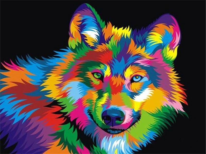 Lobo de Colores Brillantes con Fondo Oscuro Pintar por Números