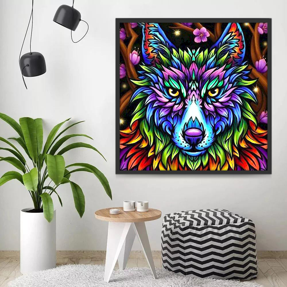 Lobo de Colores Brillantes y Flores Moradas Pintar por Números