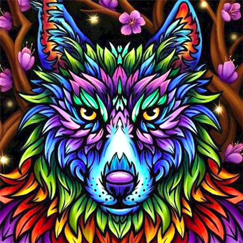 Lobo de Colores Brillantes y Flores Moradas Pintar por Números