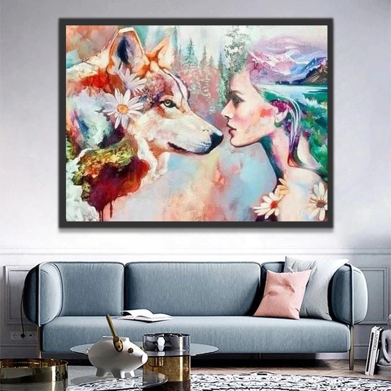 Lobo de Flores y Mujer Abstracta Pintar por Números