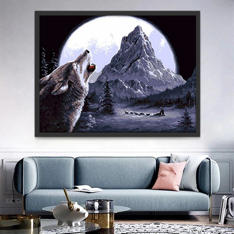 Lobo del Grito hacia la Luna y Montaña Pintar por Números