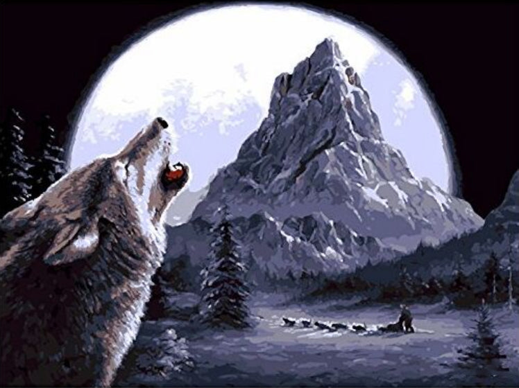 Lobo del Grito hacia la Luna y Montaña Pintar por Números