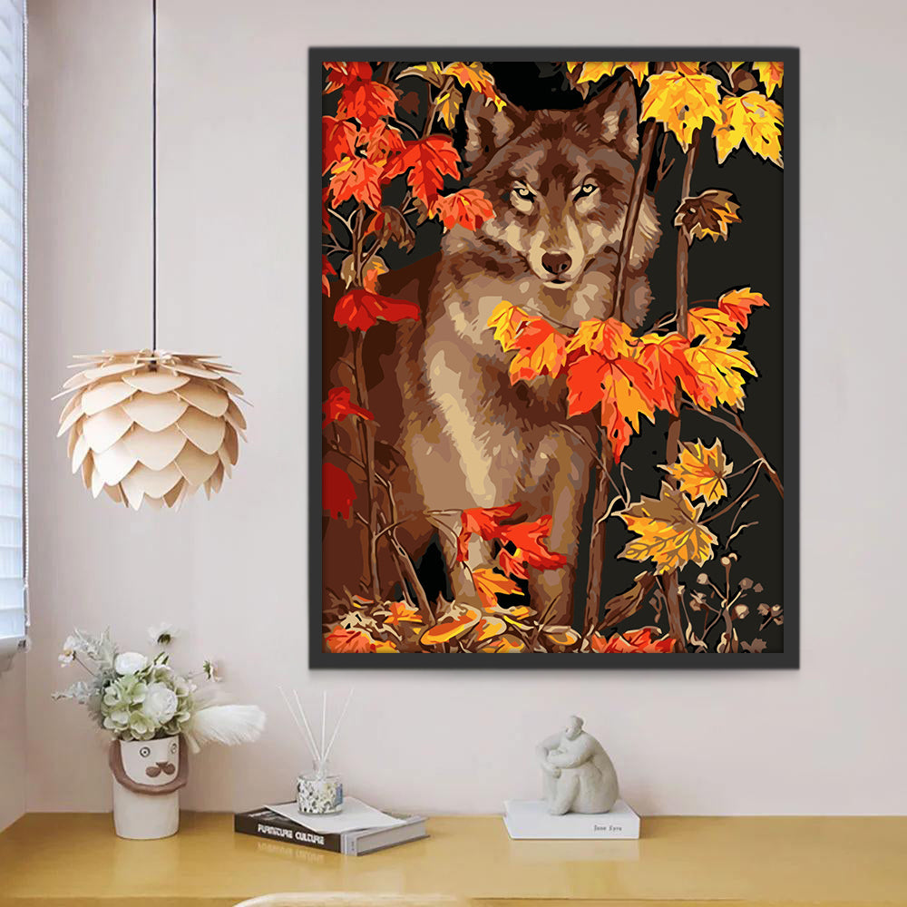 Lobo Detrás de Hojas de Arce en Otoño Pintar por Números