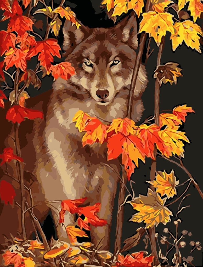 Lobo Detrás de Hojas de Arce en Otoño Pintar por Números