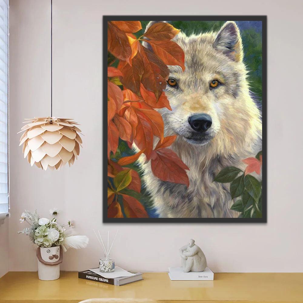 Lobo Detrás de Hojas Verdes y Anaranjadas Pintar por Números