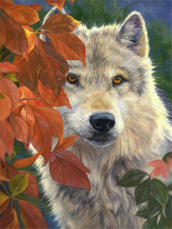 Lobo Detrás de Hojas Verdes y Anaranjadas Pintar por Números