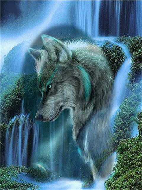 Lobo en Cascada y Árboles Pintar por Números