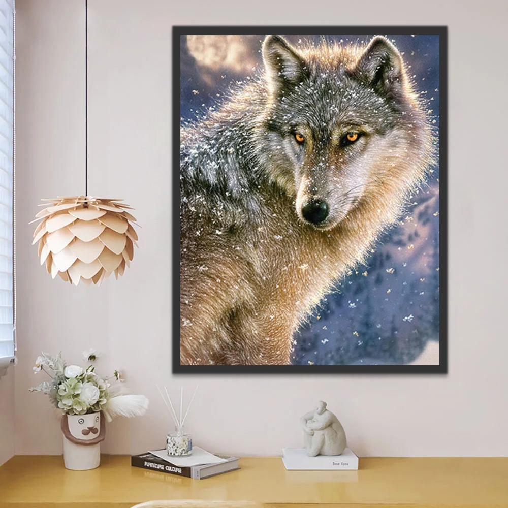 Lobo en la Nieve con Fondo de Montaña Nevada Pintar por Números