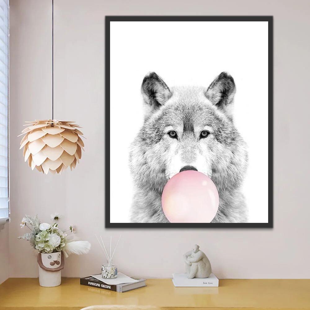 Lobo Gris con Burbuja Rosada de Chicle Pintar por Números