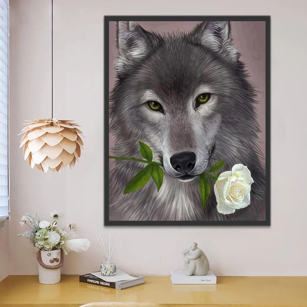 Lobo Gris con Rosa Blanca en Su Boca Pintar por Números