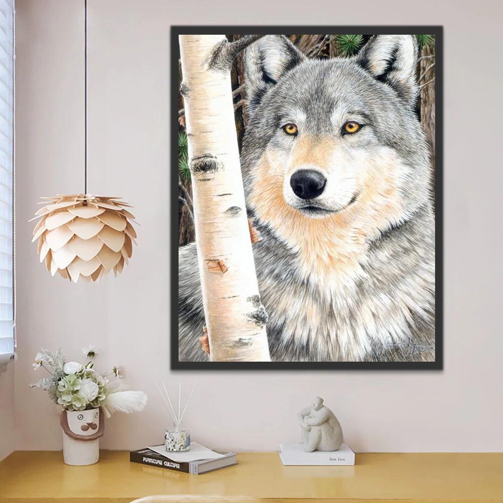 Lobo Gris y Rama Blanca de Árbol Pintar por Números