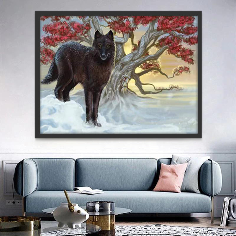 Lobo Negro y Árbol de Hojas Rojas en la Nieve Pintar por Números