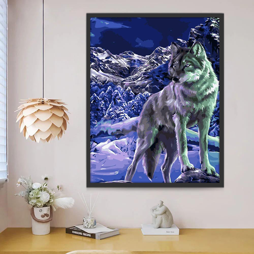 Lobo sobre Roca en la Nieve en el Bosque Pintar por Números
