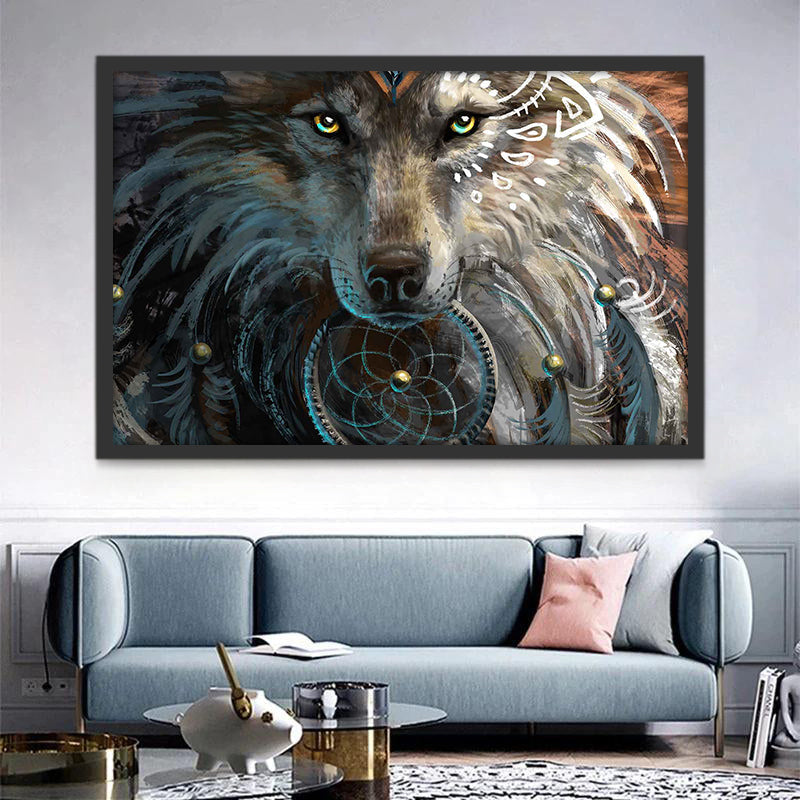 Lobo y Atrapasueños con Plumas Azules Pintar por Números