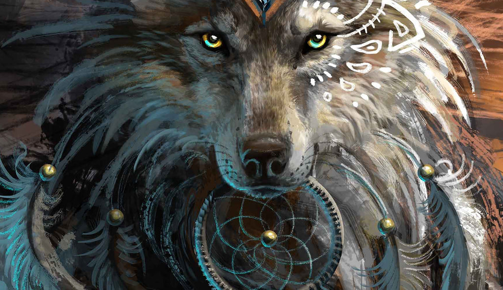 Lobo y Atrapasueños con Plumas Azules Pintar por Números