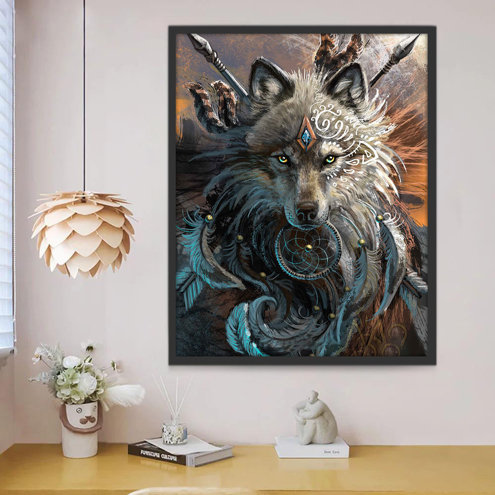 Lobo y Atrapasueños de Plumas Azules Pintar por Números