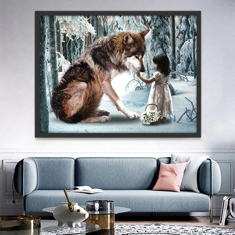 Lobo y Niña en Bosque de Invierno Pintar por Números