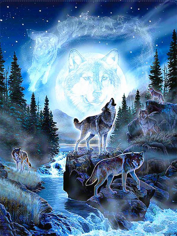 Lobos al Lado de Arroyo de Bosque Pintar por Números