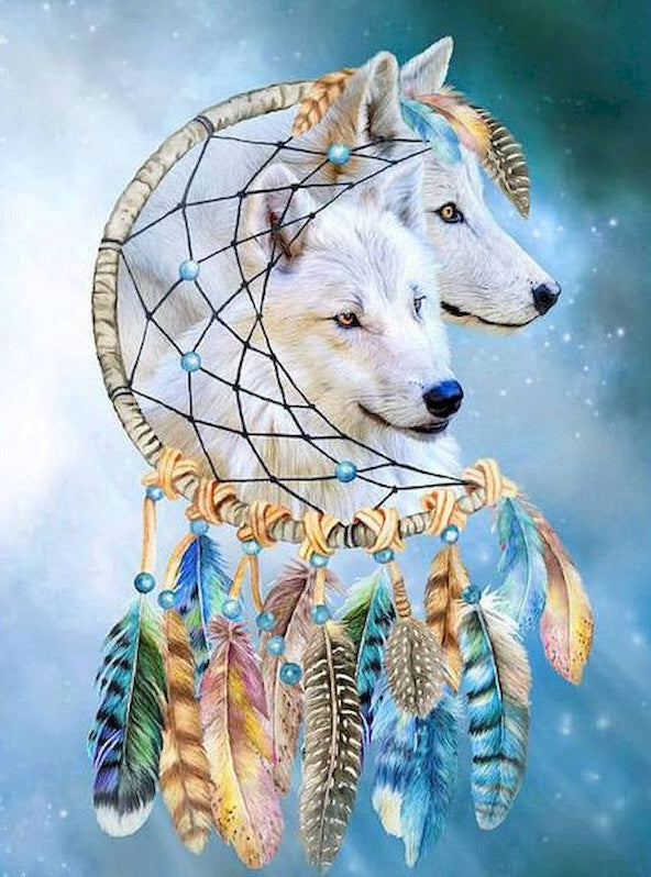 Lobos Blancos en Atrapasueños con Forma de Luna Pintar por Números