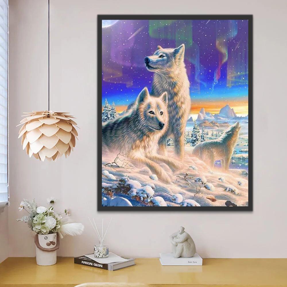 Lobos Blancos en la Nieve y Cielo Colorido de Noche Pintar por Números