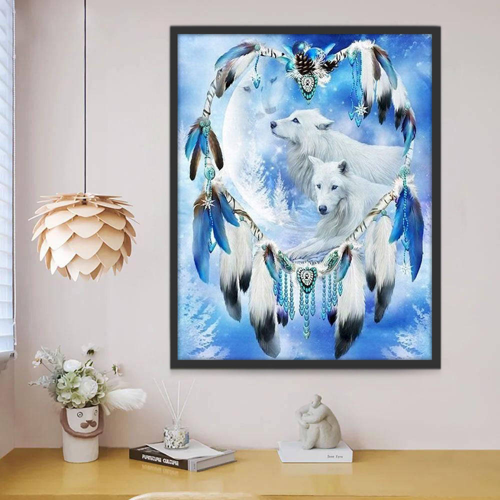 Lobos Blancos y Corazón de Plumas en Invierno Pintar por Números