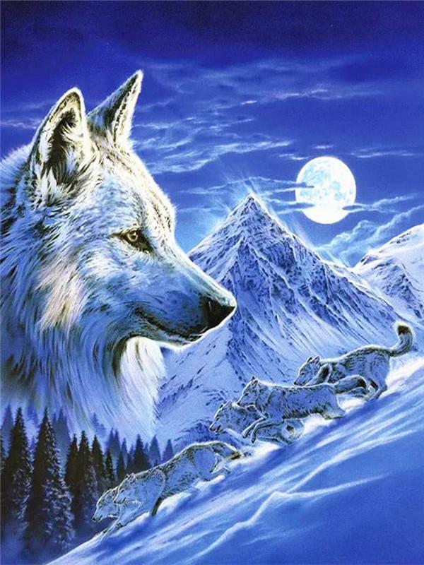 Lobos Corriendo sobre Montaña Invernal en Noche Pintar por Números