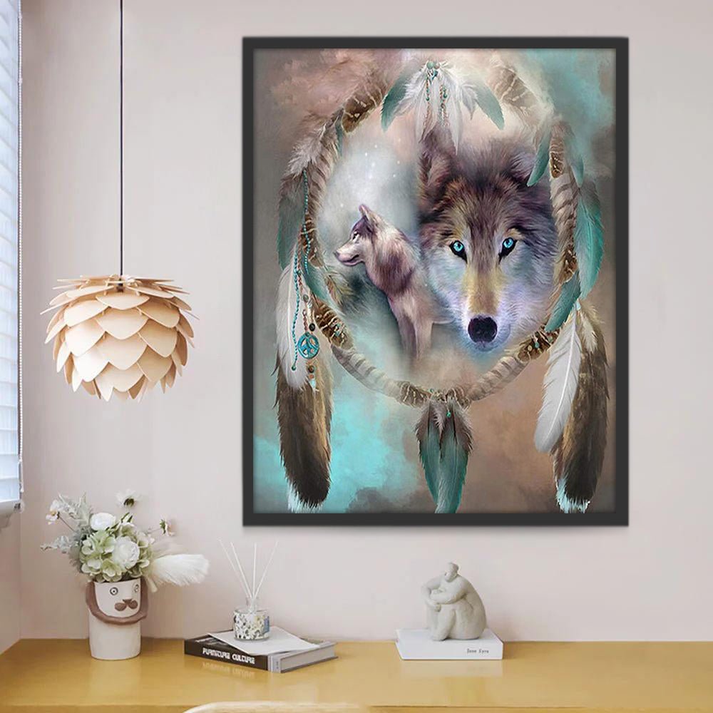 Lobos en Atrapasueños de Plumas Verdes y Marrones Pintar por Números