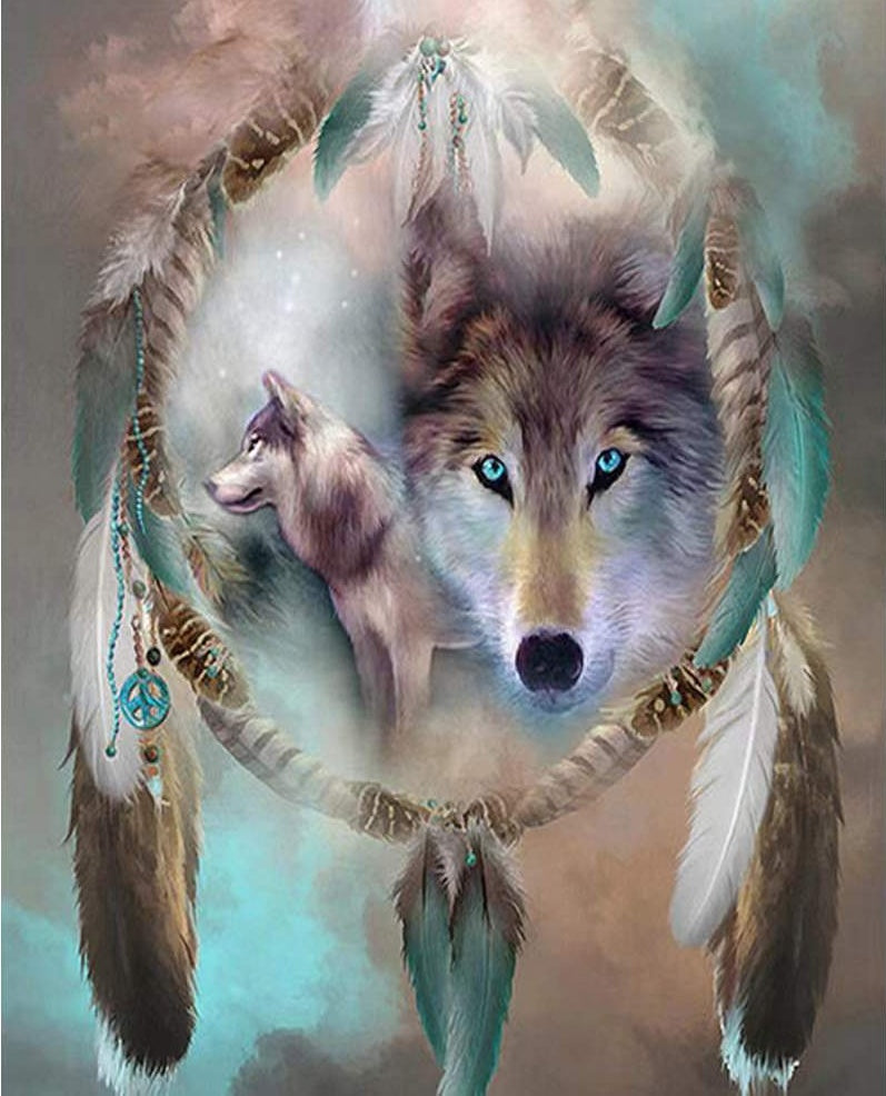 Lobos en Atrapasueños de Plumas Verdes y Marrones Pintar por Números