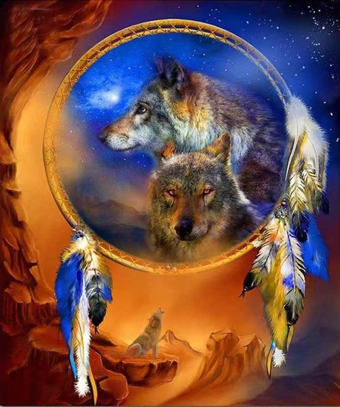 Lobos en Atrapasueños en Noche Estrellada Pintar por Números