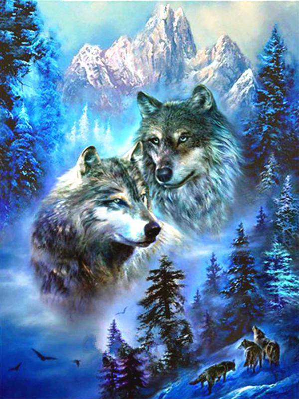 Lobos entre Árboles y Montañas Nevadas Pintar por Números