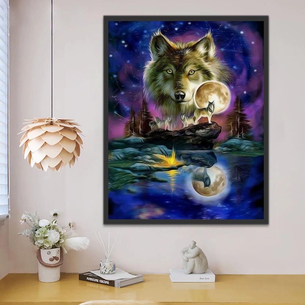 Lobos sobre Roca Junto al Agua en la Noche Pintar por Números