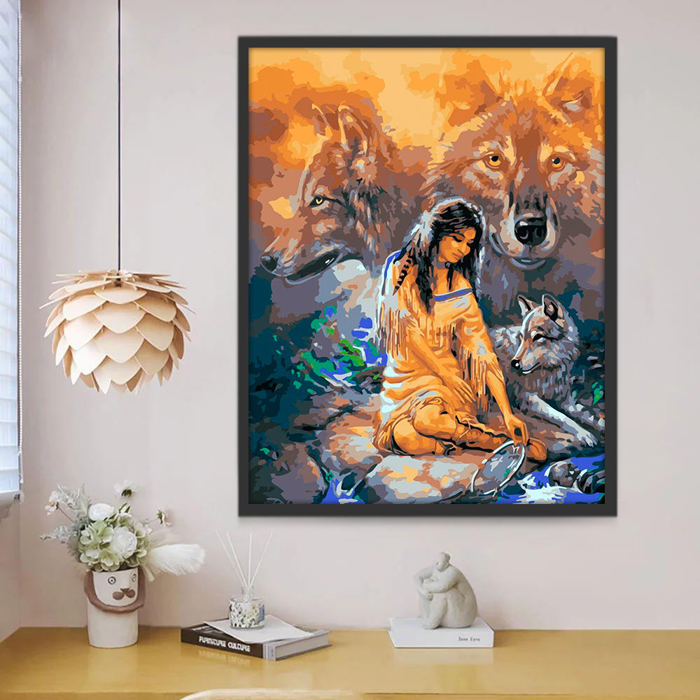 Lobos y Mujer al Lado de Agua Pintar por Números