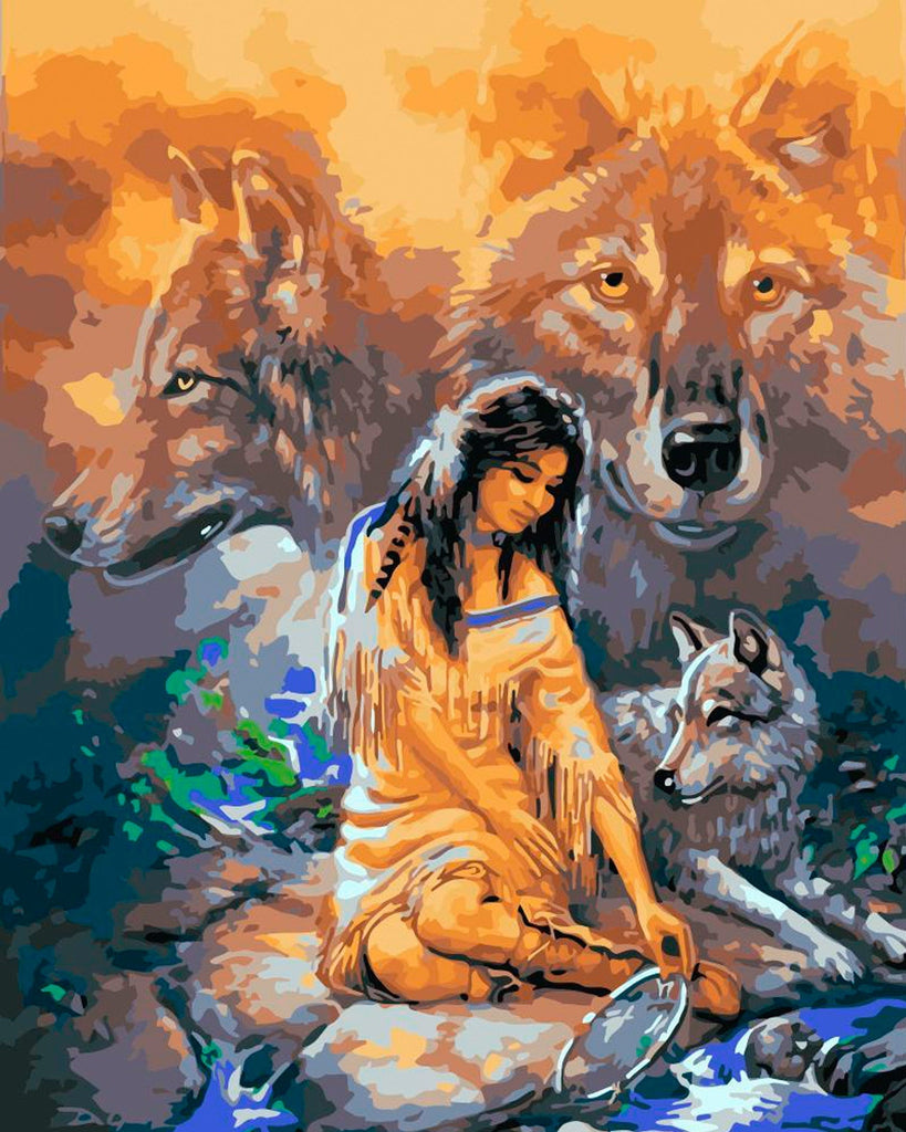 Lobos y Mujer al Lado de Agua Pintar por Números