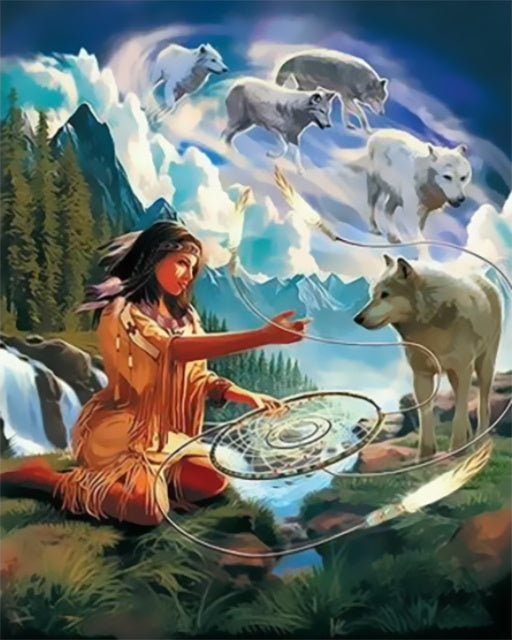 Lobos y Mujer y Atrapasueños sobre Montaña Pintar por Números