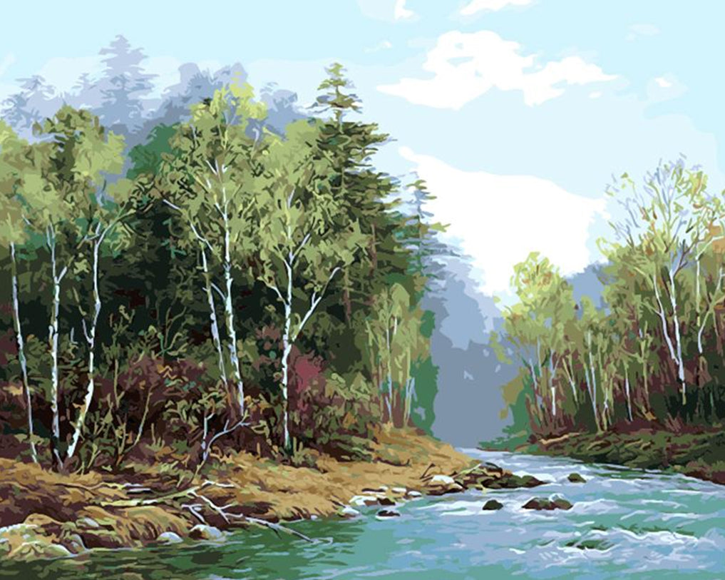 Los Abedules en Orillas y Rocas en Río Pintar por Números