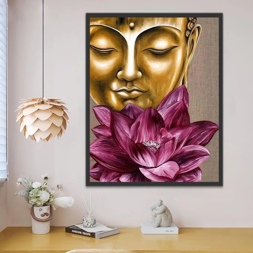 Loto Morado y Estatua Dorada de Buda Pintar por Números