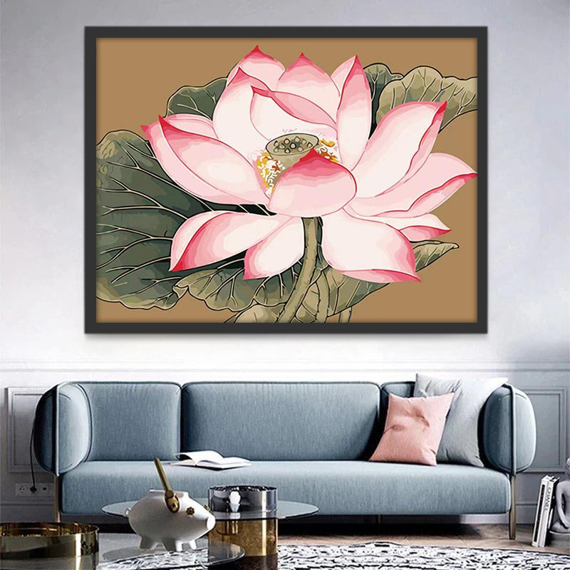 Loto Rosado Floreciente y Hojas Verdes de Loto Pintar por Números